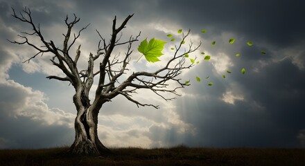 Windswept Tree with Blowing Leaves Against a Stormy Sky