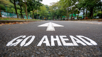 GO AHEAD written on an asphalt road with a white arrow pointing forward. Set against a green park background.