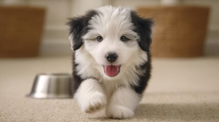 Puppy jumping up excitedly near metal bowl on carpet indoors with happy expression and fluffy fur in cozy home environment