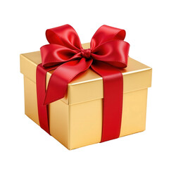 Obraz premium Elegant Golden Gift Box with Red Ribbon and Bow Arrangement