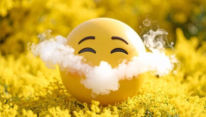 Yellow smiley emoji with closed eyes and raised eyebrows, wearing cloud-like mustache. Surrounded by bright yellow flowers, blending digital charm with cheerful natural whimsy.