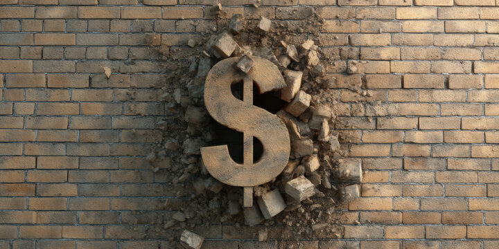 dollar sign breaking through a brick wall, symbolizing financial freedom or breaking barriers related to money.