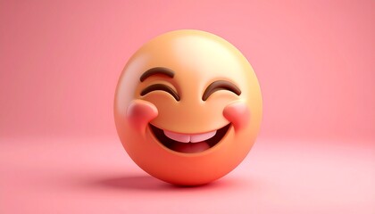 Fototapeta premium 3D smiling emoji face with closed eyes, rosy cheeks, and wide open-mouthed grin. Set against solid pink background, radiating warmth, happiness, and cheerful charm.