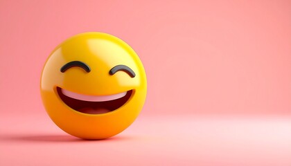3D smiling emoji face with closed eyes, rosy cheeks, and wide open-mouthed grin. Set against solid pink background, radiating warmth, happiness, and cheerful charm.