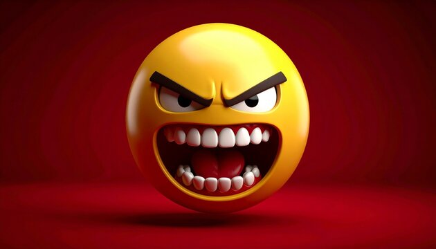 3D yellow emoji face with black eyebrows and wide-open mouth showing clenched teeth, expressing intense anger. Set against dark red gradient background for dramatic contrast.
