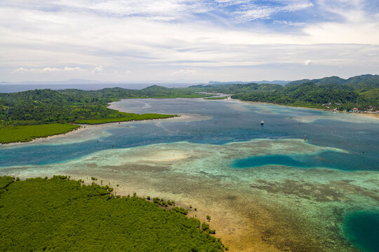 Scenic aerial panorama aerial drone picture of Siargao island with Abanay Island and Bancuyo Island, Dapa, Surigao den Norte, Mindanao, Philippines