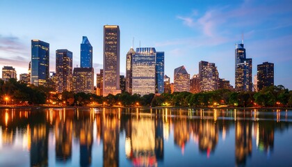 Naklejka premium City skyline at dusk reflected in calm water