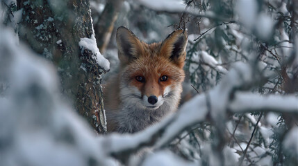 A curious fox peering through snow-covered branches in a winter forest (2)