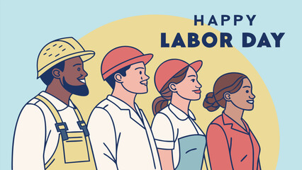Four diverse people in work attire smile celebrating happy labor day together illustratively
