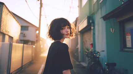夕暮れの街中で笑顔で振り返る女性