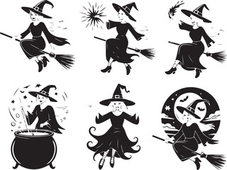 Magical witches fly on brooms casting spells and brewing potions