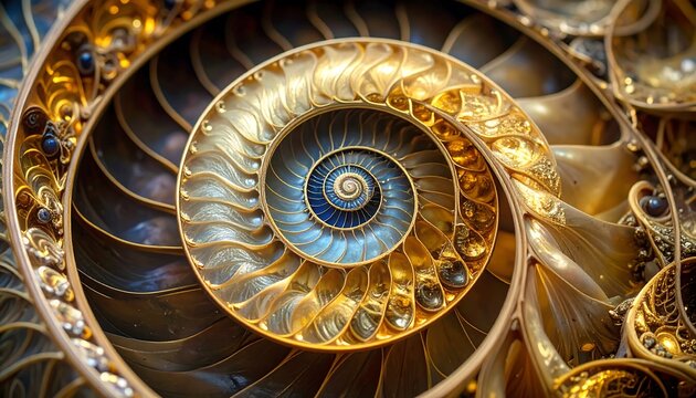 Golden Nautilus Shell Spiral Closeup.