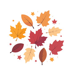 Variety of colorful autumn leaves arranged in a circle with tiny stars, conveying a warm, seasonal feel Ideal for seasonal designs and decorations.
