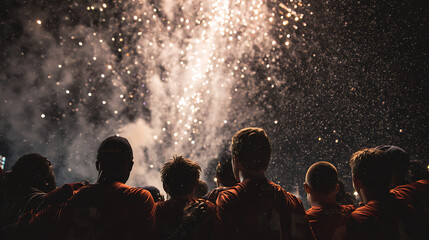 A group of athletes celebrating under fireworks after finishing a tournament