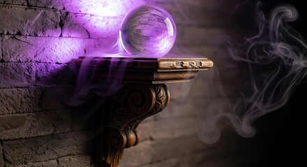 Crystal ball glowing with purple light sitting on a vintage shelf against a stone wall with smoke