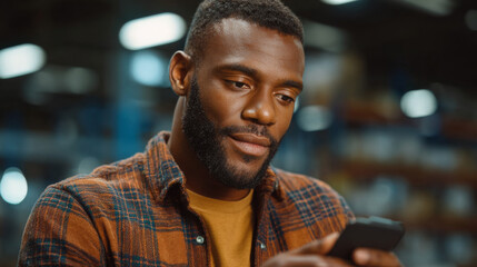 Focused Moment: A Black man, captivated by the screen, immerses himself in the digital world, showcasing modern communication in a warehouse environment.