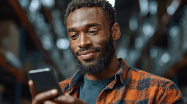 Warehouse Worker with Smartphone: A focused individual, in a plaid shirt, engrossed in their smartphone, finds a moment of connection in the vastness of a warehouse.
