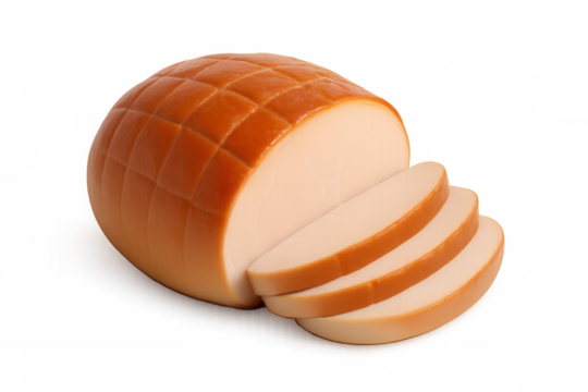 Smoked cheese loaf slices floating against transparent backdrop, presenting savory protein-rich ingredient for gourmet cooking
