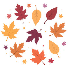 Fototapeta premium Colorful fall leaves scatter on a white backdrop, evoking autumn feeling, ideal for seasonal backgrounds or decoration.
