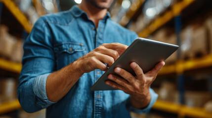 Warehouse Operation: A worker uses tablet computer in a warehouse filled with shelves, showcasing a modern take on efficient inventory management and logistics.