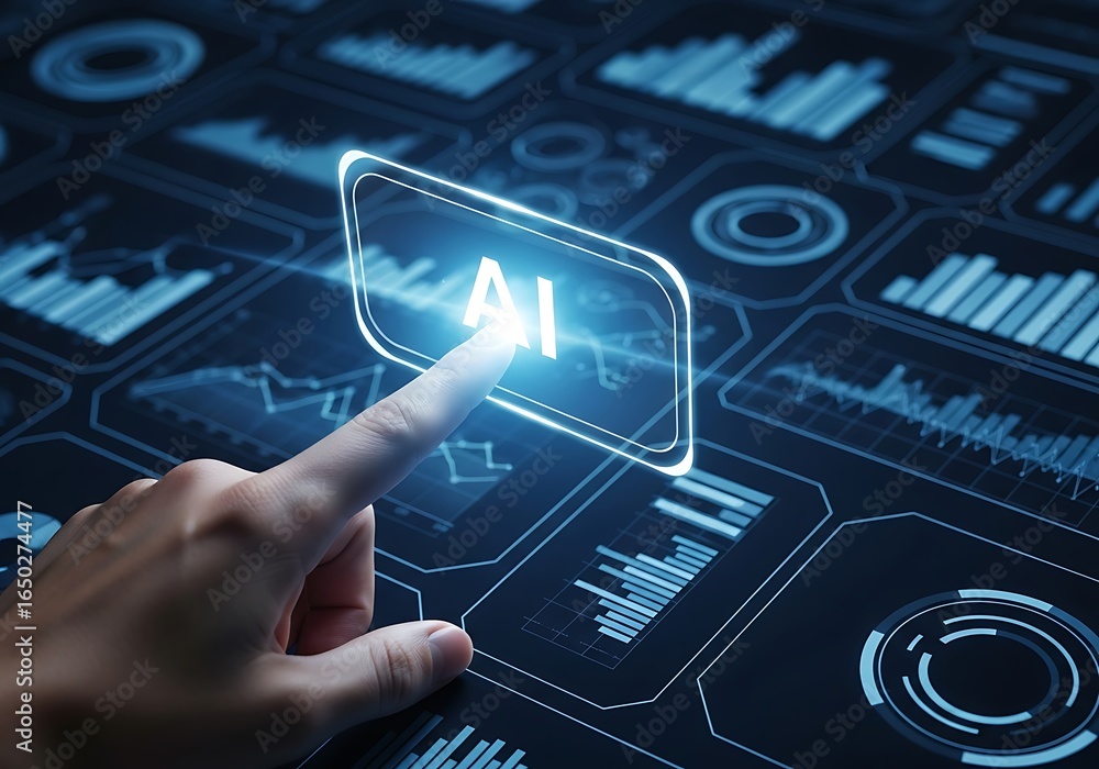 Poster human finger pointing at an ai button on a digital touchscreen interface with data analysis graphs. 