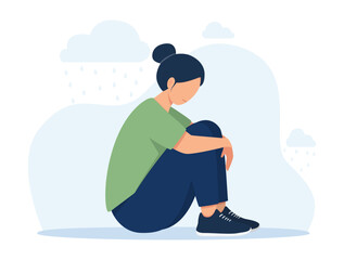 Sad Depressed Woman Crying Alone. Unhappy girl grieving loss hugging herself.  Young sad girl sitting on the floor and hugging her knees. Vector illustration.