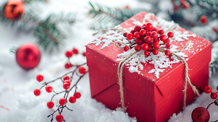 Festive red gift box adorned with holly berries and snowflakes in snowy winter scene