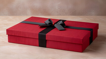 Elegant red gift box with black ribbon and bow, ready for celebration