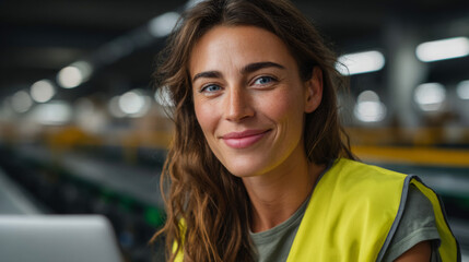 Smiling warehouse woman with laptop: A captivating portrait of a woman in a warehouse setting, exuding confidence and expertise, accentuated by her bright smile and professional demeanor. 