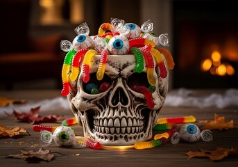 A spooky skull overflowing with colorful candy eyes and gummy worms sits on a wooden table near a fireplace