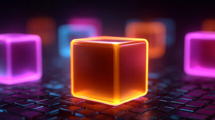 Glowing Cubes in the Digital Realm: Futuristic glowing cubes float in a dark, technological environment, creating an abstract digital art installation, evoking ideas of innovation.