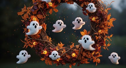 A festive autumn wreath adorned with cute ghosts and glowing pumpkins creates a spooky halloween atmosphere
