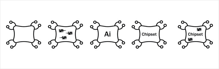 A comprehensive icon set of five outline vector graphics representing various computer chips and processors. This collection includes a generic chip, a microchip with circuit patterns, and chips label