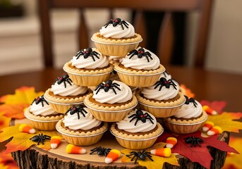 Festive halloween cupcakes decorated with spider toppers arranged on a wood slice with fall leaves and candy corn