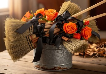 Halloween decoration with brooms orange roses cinnamon sticks and black ribbons in a rustic bucket creating a festive autumn centerpiece