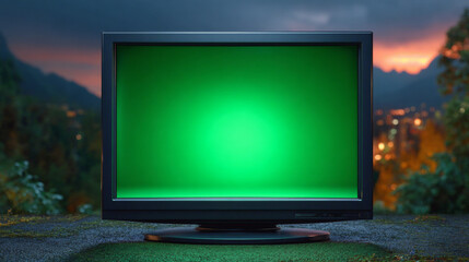 Green Screen Display in Nature: A television screen with a vibrant green display is placed in a natural setting, framed by lush trees and a distant cityscape.