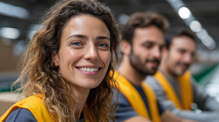 Fototapeta premium Cheerful Worker in Logistics: A confident worker stands proudly within a bustling warehouse, radiating determination and capability, set against the backdrop of a busy workplace.