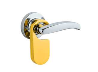 Chrome door handle with yellow do not disturb sign isolated on transparent background