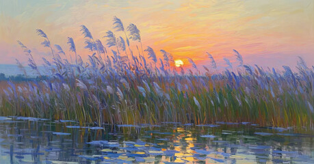 Natural scenery photography of a sunset over a reed lake