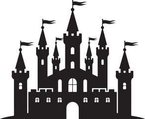 Obraz premium Majestic black castle silhouette with flags atop towers