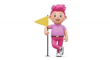 Cartoon golf character holding golf flag