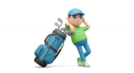 Cartoon golfer leaning on golf bag