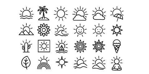Sun clipart Versatile set of line vector icons representing summer, sun, beach, and nature themes for web, mobile, and print designs. Perfect for holidays, travel, and environmental projects.