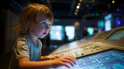 Child excitedly pressing buttons on a futuristic computer in a science center (3)