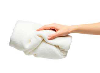 Hand holding a fluffy white towel isolated on transparent background