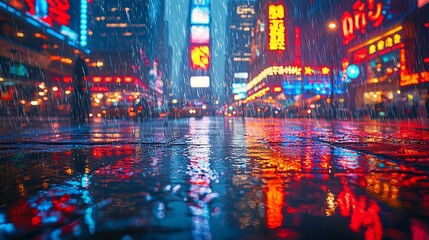 Obraz premium Vibrant Night Scene of City Streets Under Rain with Neon Lights