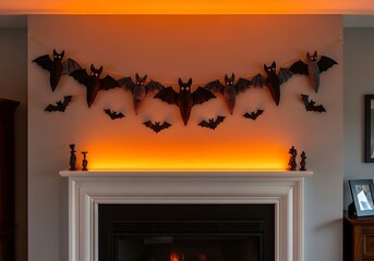 Halloween decorations of bats hanging above a fireplace mantel with orange lighting for a festive holiday