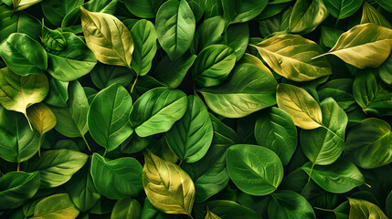 Lush green leaves with subtle golden highlights create a vibrant natural background.