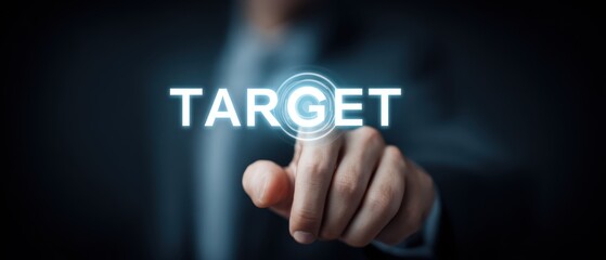 A visionary professional is pointing a finger on word TARGET which represents a focused and directed approach to achieving objectives and strategic business goals.