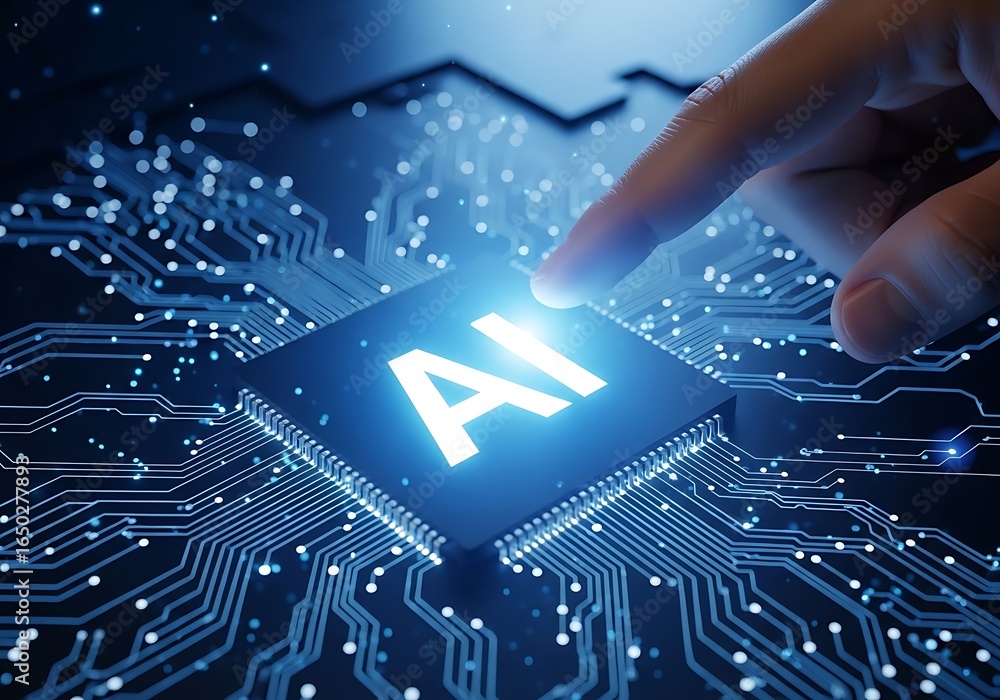 Poster futuristic ai technology innovative microchip circuit board connecting to artificial intelligence fo
